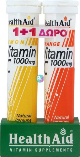 Health Aid Vitamin C 1000mg Λεμόνι 20 Αναβράζοντα Δισκία & 20 Αναβράζοντα Πορτοκάλι ΔΩΡΟ